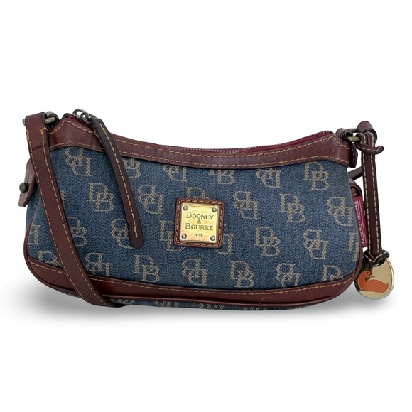 Dooney & Bourke Denim Monogram Mini Shoulder Bag Top Zip Blue Brown Leather Y2K - Picture 14 of 16